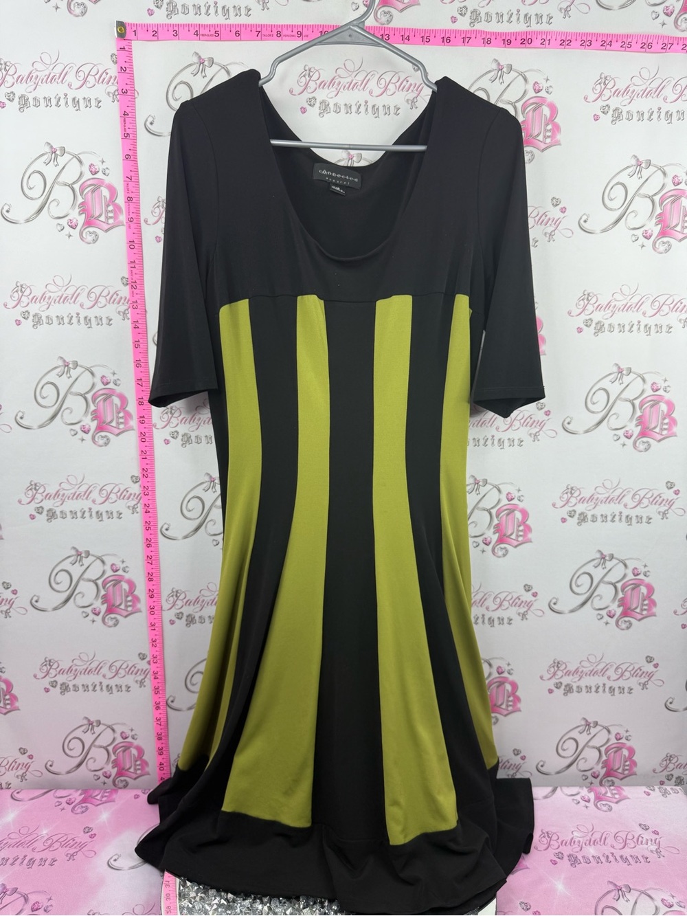 connected apparel dress long Black and Olive Green Vertical Stripe